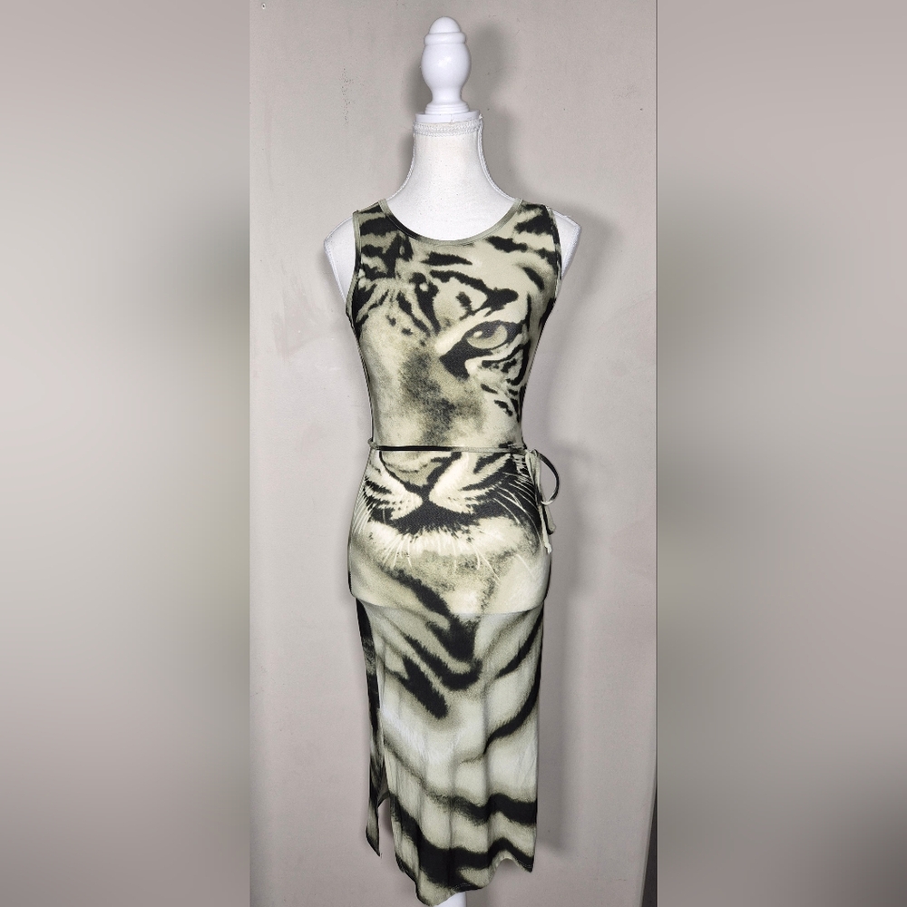 Rare Y2k 90s Say Tiger Dress  Black & Green Long Maxi Dress Womens Size Small
